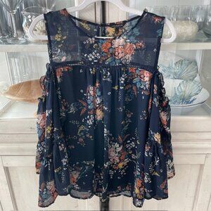 LUCKY BRAND COLD SHOULDER NAVY BLUE FLORAL FLOWY BLOUSE SIZE LARGE PREOWNED